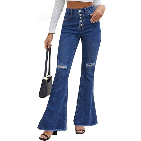 heipeiwa Denim - heipeiwa Women's Rhinestone Patchwork Flare Jeans High Rise Bell Bottom Raw Jean